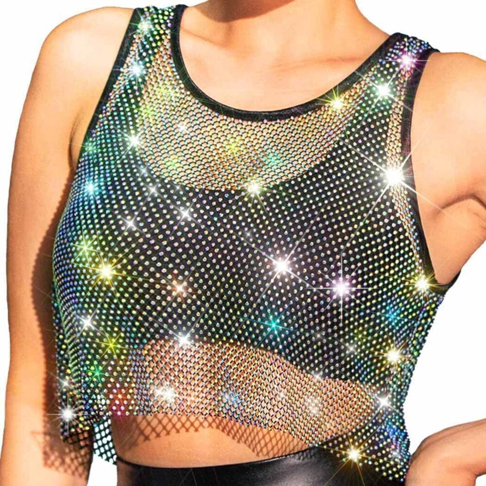 4229 Mesh Rhinestone Top Black Sparkly Fishnet Top Rave Sheer Cover Up Tops